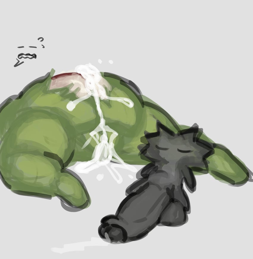 1boy 1girls 2d 2d_(artwork) after_sex ass big_ass creature cum cum_in_ass cum_in_pussy cum_inside excessive_cum grey_background huge_ass huge_cock kasane_teto large_ass laying_on_floor massive_ass offscreen_female pearto penetration small_but_hung straight thick_thighs thighs torn_bodysuit torn_clothes torn_clothing utau uufnjini