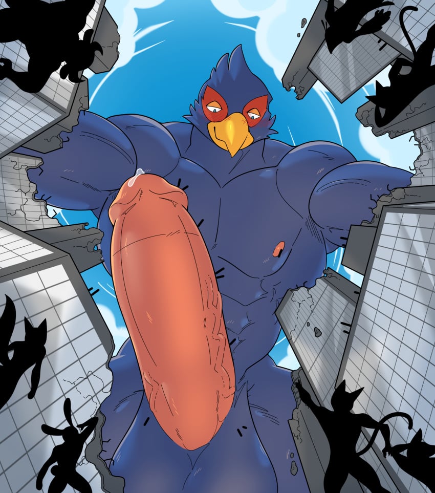 anthro avian balls big_balls big_penis bird blue_body blue_feathers bodily_fluids bulge city clothing cloud destruction falco_lombardi feathers fish_eye_view genital_fluids genitals green_eyes happyending hi_res humanoid_genitalia humanoid_penis looming low-angle_view macro male muscular muscular_male nintendo nipples non-mammal_balls non-mammal_nipples penis precum silhouette speedo star_fox swimwear worship