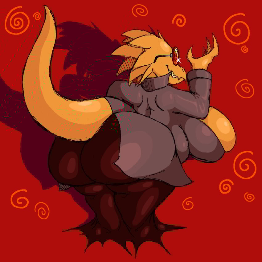 1:1 absurd_res alphys alphys_(underfell) anthro ass big_breasts big_butt big_tail boss_monster_(undertale) breasts claws clothing coat dinosaur dress evil_grin eyewear female freckles glasses hi_res huge_breasts huge_butt lab_coat non-mammal_breasts overweight overweight_anthro overweight_female prehistoric_species raised_hand reptile scalie sharp_teeth simple_background slightly_chubby smile solo spiral_glasses tail teeth thick_thighs thornus69_(artist) topwear underfell undertale undertale_(series) wide_hips yellow_body