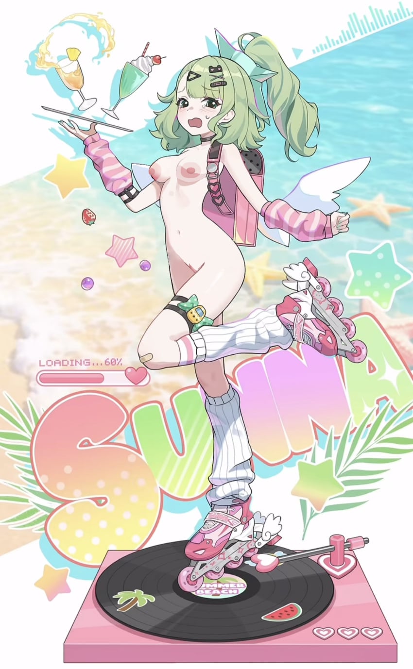 1girls angels_of_delusion arm_warmers blush feet female female_only green_hair highres leg_warmers naked naked_female nervous nude nude_female pale pale-skinned_female ptitefrite self_upload side_ponytail skates small_breasts standing_on_one_leg sunna_(zenless_zone_zero) warmers zenless_zone_zero