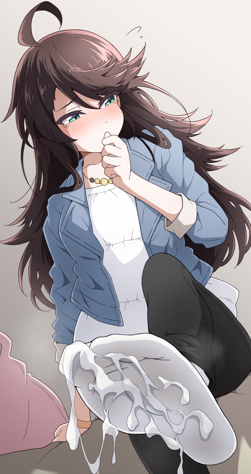 absurdres ahoge black_pants blue_jacket blush brown_hair cum cum_on_body cum_on_feet denim denim_jacket female from_below green_eyes highres jacket jewelry leg_up long_hair looking_to_the_side necklace nel-c original paid_reward_available pants shirt socks solo variant_set white_shirt white_socks