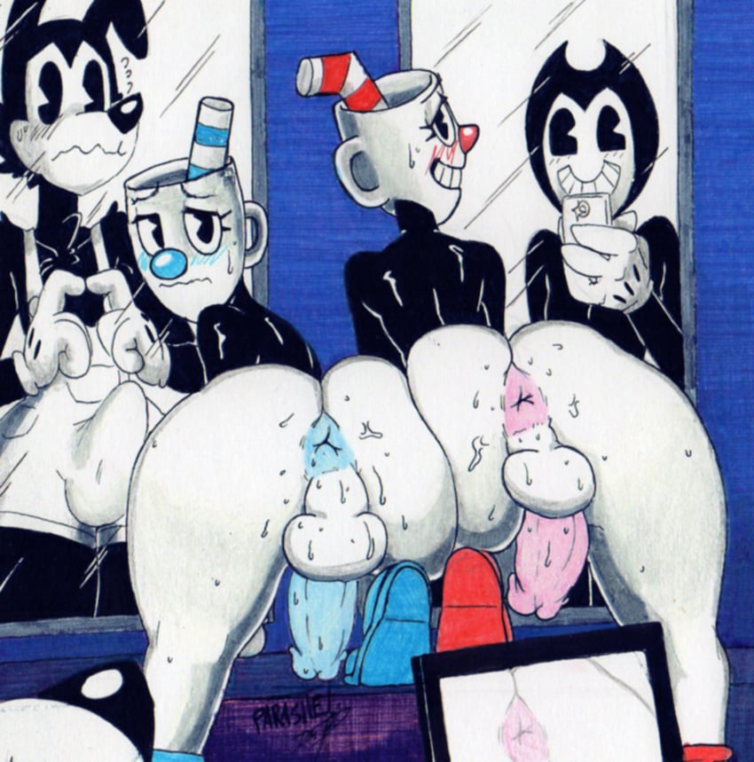 2017 4_fingers 4boys animate_inanimate anus ass balls being_recorded bendy bendy_and_the_ink_machine bendy_straw big_butt black_eyes black_fur black_nose black_skin blue_footwear blue_nose blue_penis boris_the_wolf canine cellphone clothing cuphead cuphead_(game) demon erection erection_under_clothes first_person_view fur gay grin handwear humanoid humanoid_penis looking_at_viewer male male_only mammal mirror mugman object_head parasitedeath penis pink_penis presenting presenting_hindquarters red_footwear red_nose smile suspenders sweat traditional_media_(artwork) voyeur white_balls white_skin wolf yaoi