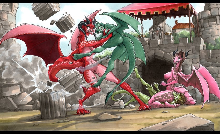 2025 4_toes 5_fingers absurd_res anthro areola armor biped bite black_bars black_horn breasts butt_bite detailed_background dragon european_mythology ewgengster feet female female/female fight fingers genitals green_body green_scales group headgear helmet hi_res horn horned_helmet human knight letterbox male mammal medieval medieval_armor membrane_(anatomy) membranous_wings mythological_creature mythological_scalie mythology nipples non-mammal_breasts nude outside plate_armor pussy red_body red_scales scales scalie toes traditional_media_(artwork) warrior western_dragon wings