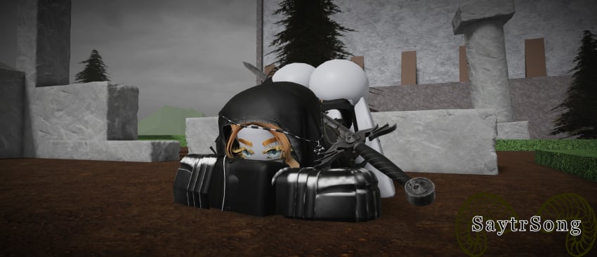 1girls 3d arched_back armor artist_name ass bent_over blonde_hair female front_view girl grey_eyes headwear jack-o_pose lady_siege long_eyelashes multicolored_hair muscular muscular_female oc outdoors outside pale-skinned_female pale_skin partially_clothed partially_clothed_female roblox roblox_studio robloxian satyrsong scar scar_on_face scarf self_upload sword