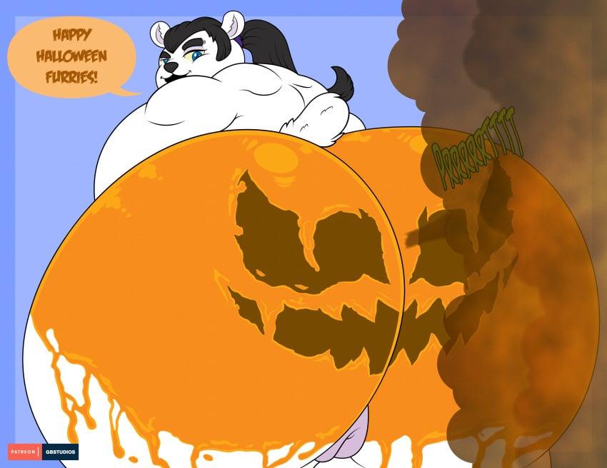 ass bear cassie_the_halloween-pumpkin_butt_polar_bear fart fart_fetish food fruit graybluestudios halloween looking_at_viewer looking_back mammal nude polar polar_bear pumpkin pumpkin_butt solo