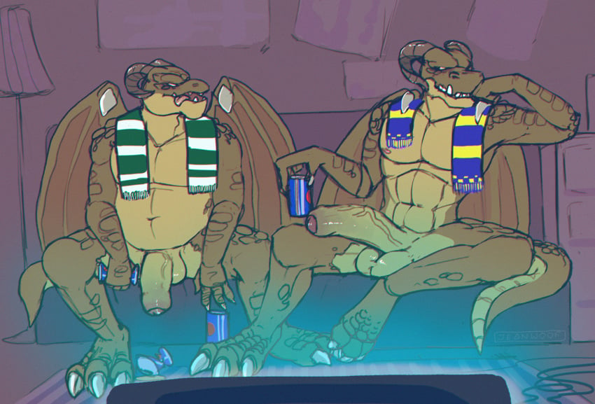 2017 alcohol beer belly beverage brothers dragon duo flaccid foreskin gatz_(character) gaw_(character) half-erect jeanwoof male male_only musclegut muscular muscular_male nude penis relaxing scalie scarf sibling smaller_version_at_source television tongue tongue_out uncut