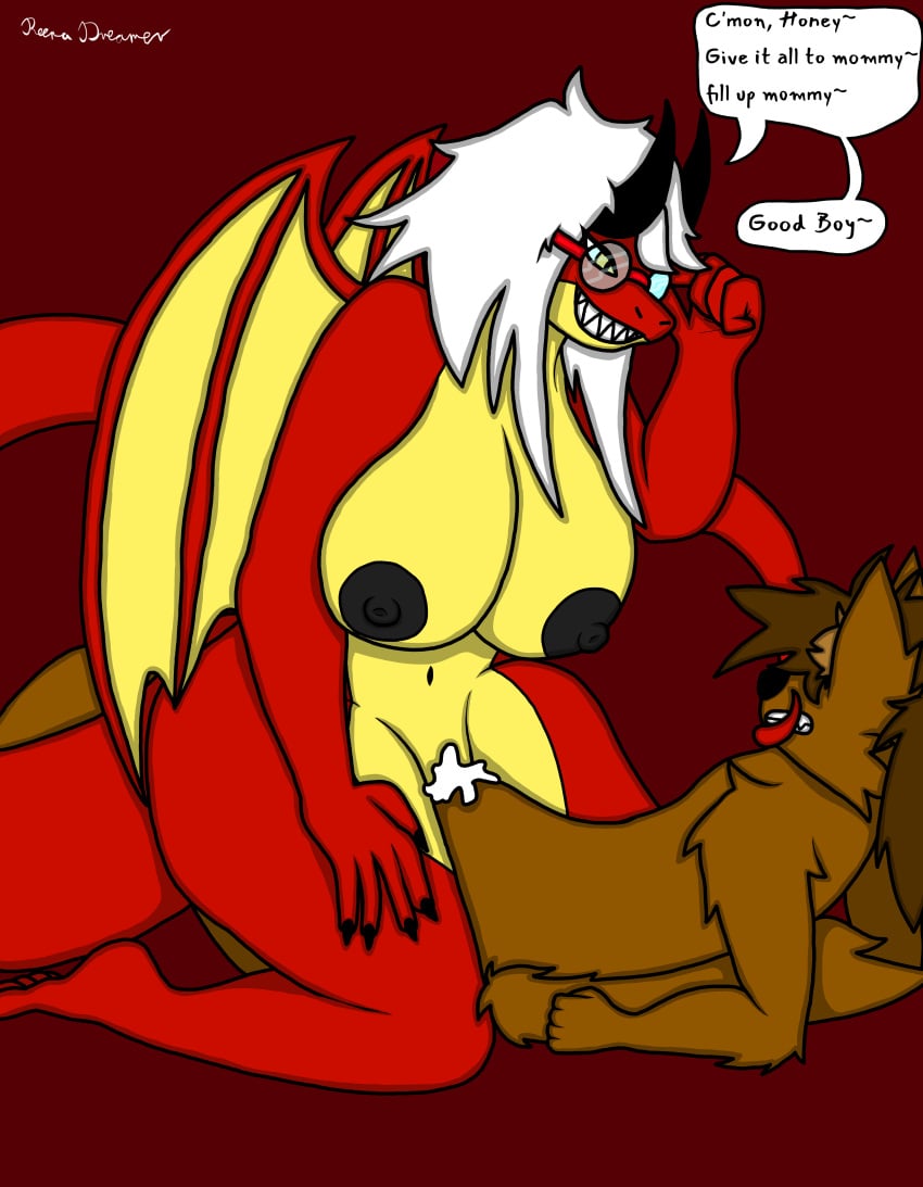 absurd_res anthro big_breasts black_horn black_nipples bodily_fluids breasts brown_body brown_fur brown_hair canid canine canis clenched_teeth cowgirl_position cum cum_in_vagina cum_inside dominant dominant_anthro dominant_female dragon duo eyewear female from_front_position fur genital_fluids glasses grin grinning_at_partner hair hi_res hidden_eyes horn larger_female long_tail male male/female mammal mommy_kink mythological_creature mythological_scalie mythology nipples nude on_bottom on_top orange_eyes penetration penile penile_penetration penis pussy red_body red_scales red_skin reena_dreamer scales scalie sex sharp_teeth short_hair size_difference smile tail teeth thick_thighs wearing_glasses white_hair wings wolf