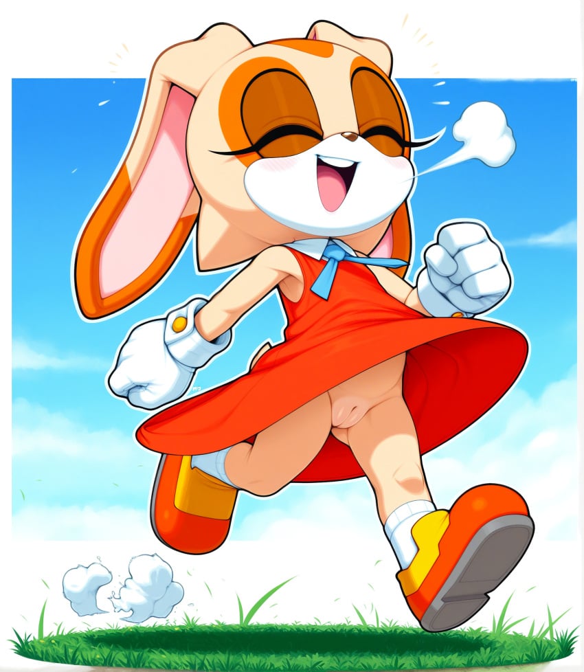 absurdres ai_generated animal_ears anthro ass_visible_through_thighs belly brown_nose bunny bunny_ears bunny_girl bunny_tail closed_eyes clothed clothing cream_the_rabbit day dress eyelashes female female_focus female_only female_solo flat_chest floppy_ears fur furry genitals gloves grass happy highres lagomorph leporid mammal no_panties no_underwear open_mouth orange_dress orange_fur outdoors pointy_ears pussy sega shoes sky solo sonic_(series) tail tan_fur teeth tongue walking white_fur white_gloves younger_female