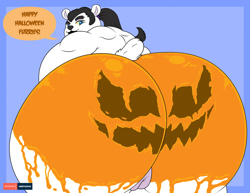 ass bear cassie_the_halloween-pumpkin_butt_polar_bear food fruit graybluestudios halloween looking_at_viewer looking_back mammal nude obese overweight polar polar_bear pumpkin pumpkin_butt pussy solo