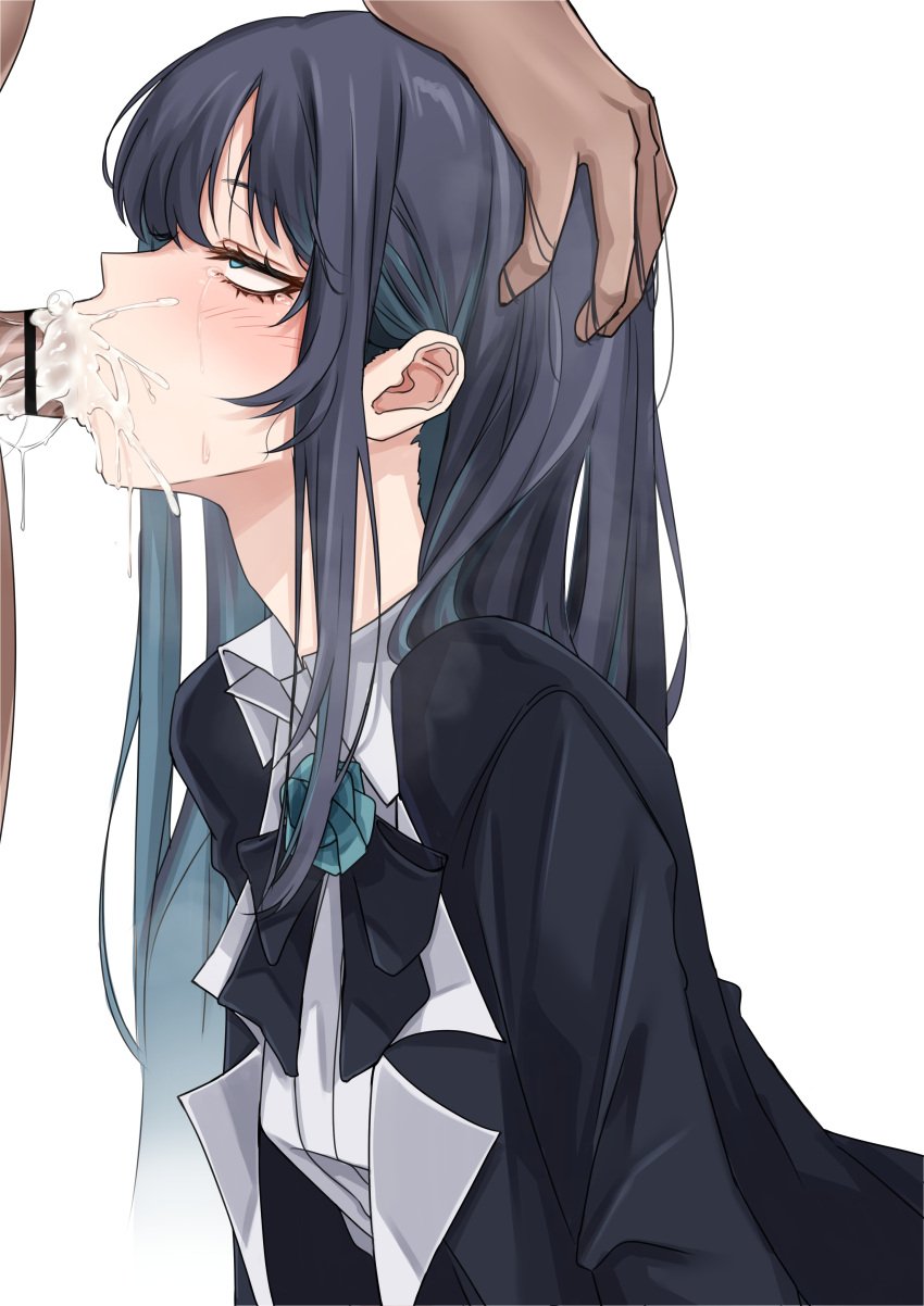1boy absurdres ado_(utaite) ahe_gao bar_censor black_bow black_hair blue_eyes blue_hair blush bow censored chando_(ado) clothed_female_nude_male collared_shirt colored_inner_hair commentary_request cum cum_in_mouth cum_on_body deepthroat ekibyoudayo facial fellatio female hand_on_another's_head highres irrumatio long_hair looking_at_viewer multicolored_hair nude oral paid_reward_available penis saliva shirt sidelocks simple_background solo straight tearing_up utaite variant_set white_background white_shirt