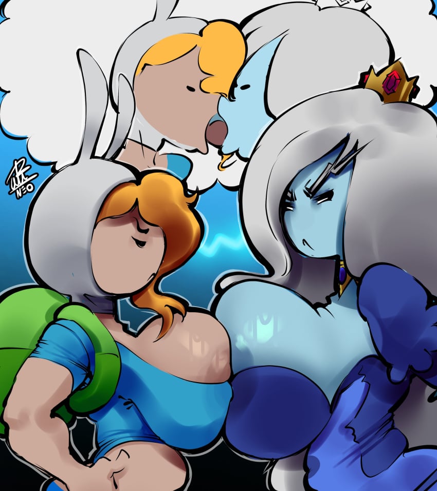 2025 2girl 2girls absurd_res adventure_time adventure_time:_fionna_&amp;_cake angry angry_face belly belly_button breasts cartoon_network challenging fionna_the_human_girl furious ice_queen_(adventure_time) kiss_on_lips kissing looking_at_another meme_attire nipple_bulge penicilino123 pepitocuario123 solo_female tongue tongue_out watermark yuri
