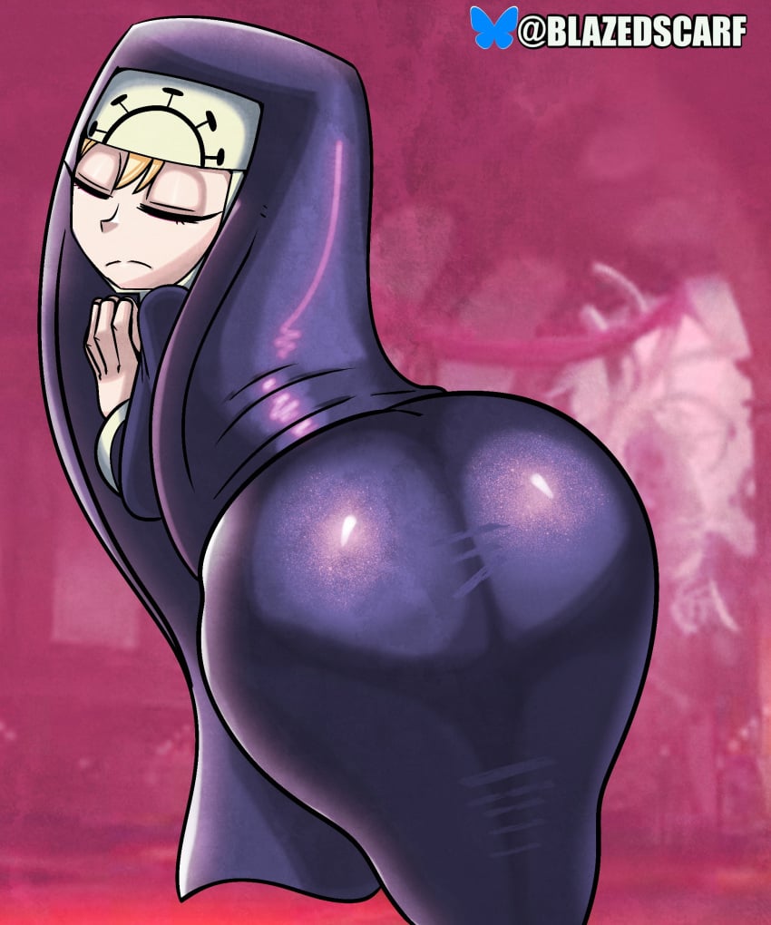 1girls ass ass_focus big_ass blazedscarf blonde_hair closed_eyes dat_ass double_(skullgirls) female female_only hair hands_together headwear huge_ass looking_back nun nun's_habit nun_habit nun_hat nun_outfit skullgirls solo solo_female