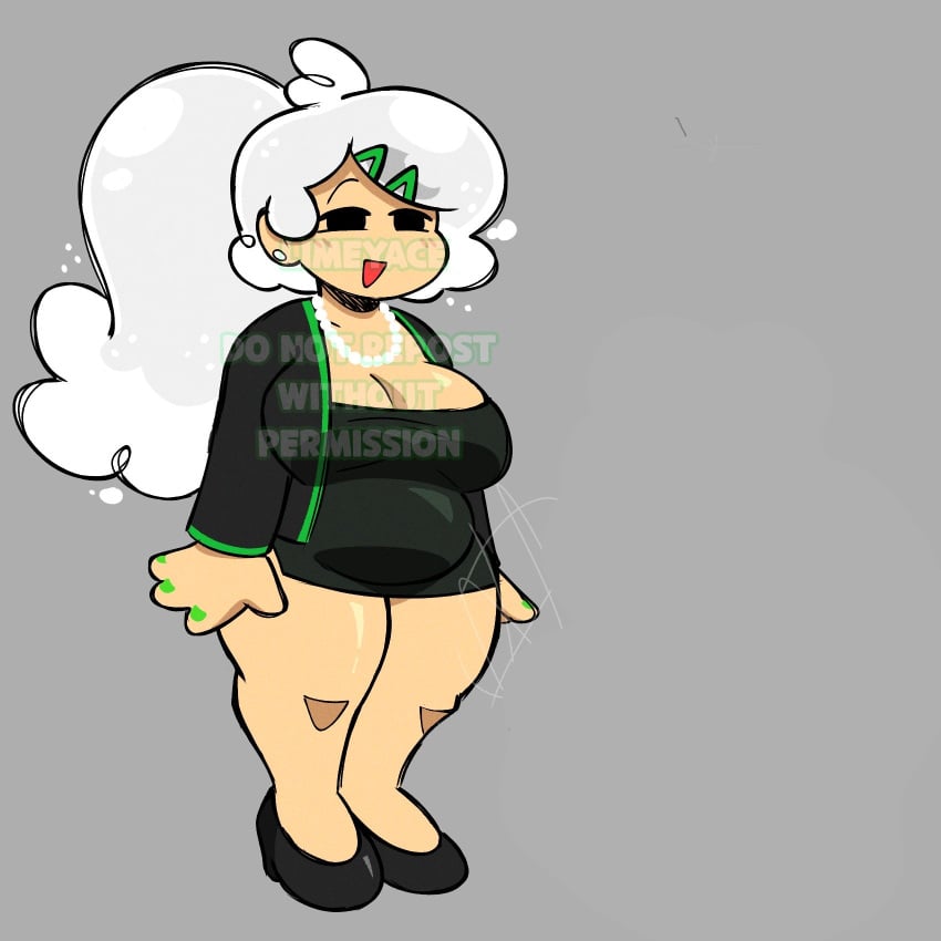big_belly big_breasts breasts chubby fat high_heels limeyace_(artist) oc pearl_necklace plump tubetop white_hair