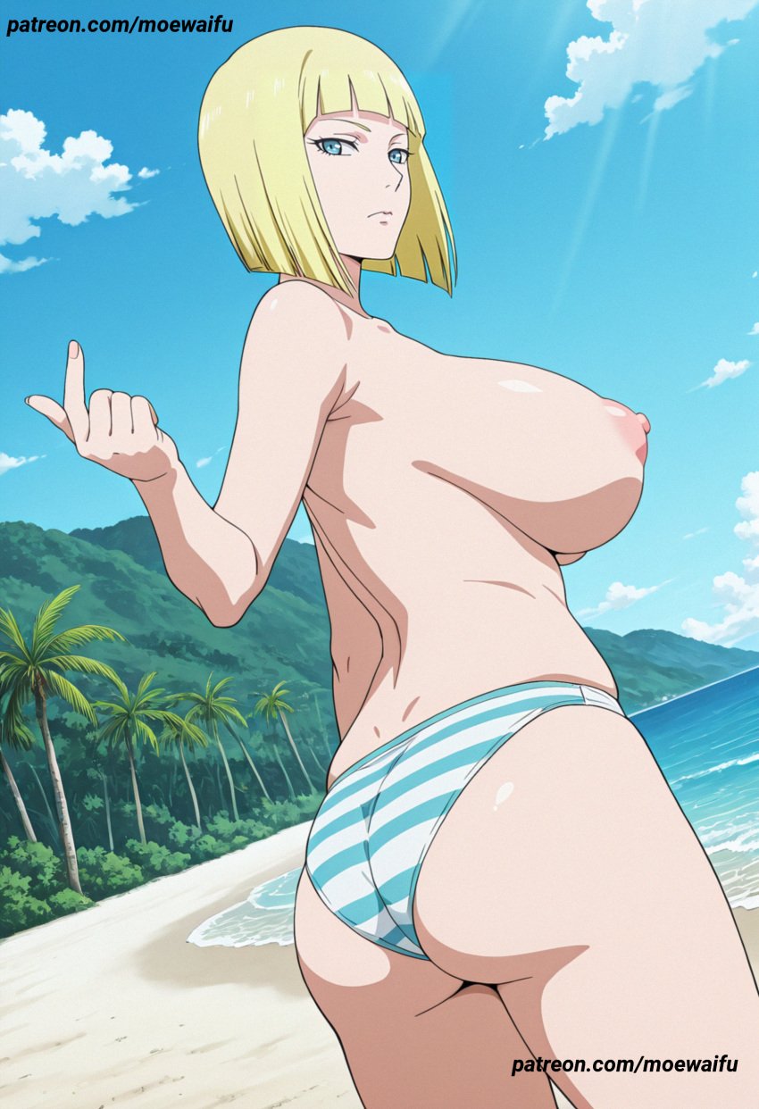 1girls ai_generated alternate_breast_size ass ass_focus beach big_ass big_breasts big_nipples bikini bikini_bottom bikini_top_only bikini_top_removed blue_bikini_bottom blue_eyes blunt_bangs blush bob_cut breasts breasts_bigger_than_head busty closed_mouth come_hither commentary cone_nipples expressionless eyelashes eyeliner eyeshadow female female_only from_behind huge_ass huge_breasts huge_nipples large_breasts large_nipples light-skinned_female light_blue_eyes light_skin lipstick looking_at_viewer looking_back moewaifu974 naruto naruto_(series) naruto_shippuden nipples oppai outdoors palm_tree perky_breasts pink_nipples presenting presenting_ass presenting_hindquarters puffy_nipples rock samui sand sea seaside shoulder_blades sideboob sidelighting solo striped_bikini sunny swimsuit thick_nipples thighs topless topless_female tropical tropical_setting water yellow_hair