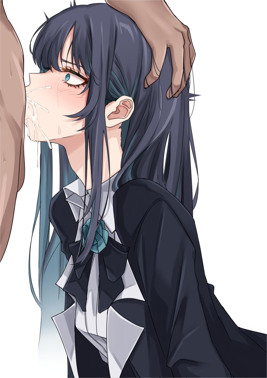 1boy absurdres ado_(utaite) bar_censor black_bow black_hair blue_eyes blue_hair blush bow censored chando_(ado) clothed_female_nude_male collared_shirt colored_inner_hair commentary_request cum cum_in_mouth deepthroat ekibyoudayo fellatio female hand_on_another's_head highres irrumatio long_hair looking_at_viewer multicolored_hair nude oral paid_reward_available penis saliva shirt sidelocks simple_background solo straight tearing_up utaite variant_set white_background white_shirt