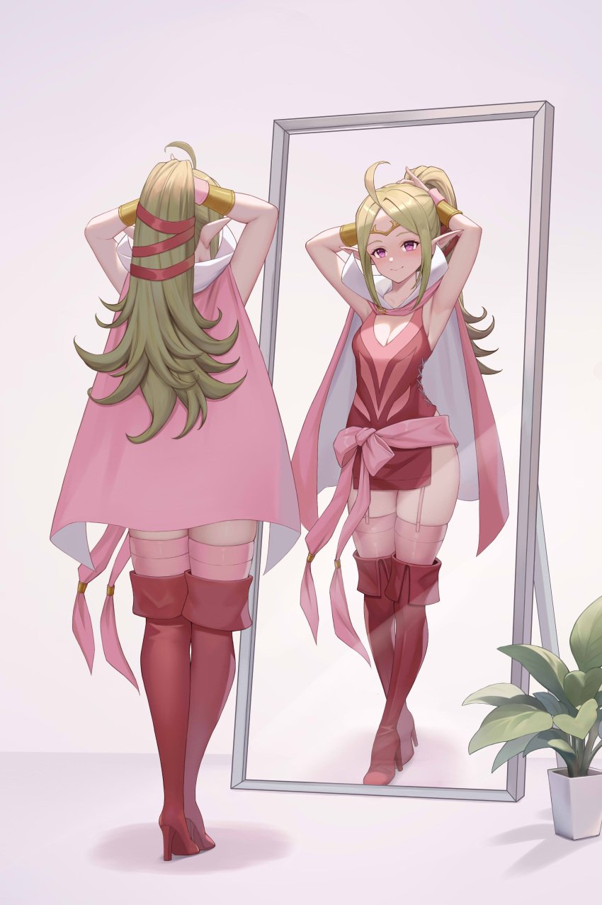1girls adjusting_hair arms_up ass borrowed_clothes dakkalot fire_emblem fire_emblem_awakening green_eyes green_hair manakete mirror nintendo nowi_(fire_emblem) pointy_ears ponytail small_breasts thighs tiki_(fire_emblem)_(cosplay)