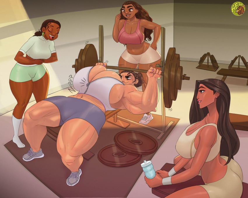 artfoo_1 disney encanto gym gym_uniform huge_breasts luisa_madrigal moana moana_waialiki muscular muscular_female pocahontas pocahontas_(character) the_princess_and_the_frog tiana
