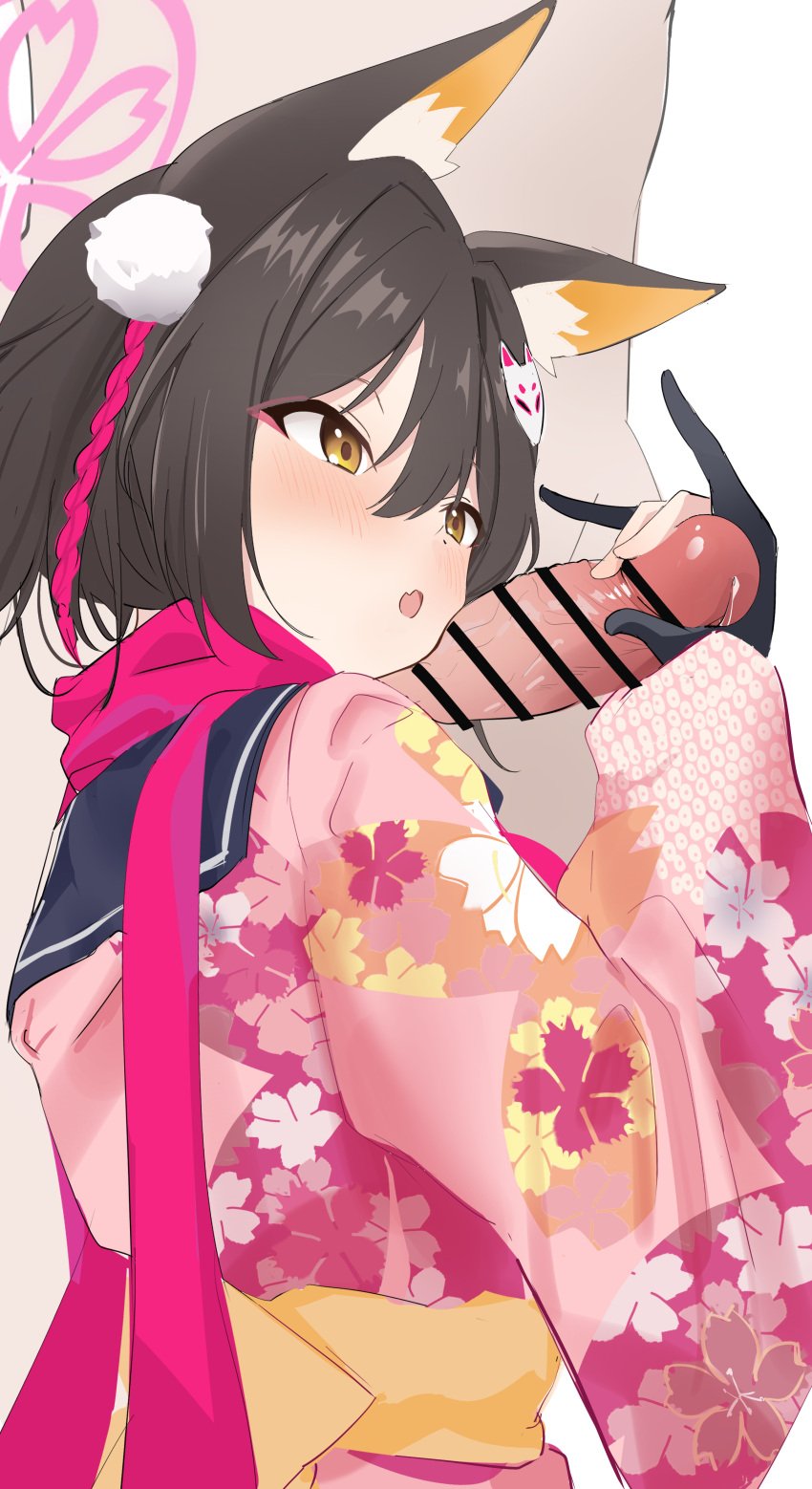 1boy absurdres animal_ear_fluff animal_ears bar_censor black_gloves black_hair blue_archive censored erection female fox_ears fox_hair_ornament gloves hair_between_eyes hair_ornament halo handjob highres izuna_(blue_archive) open_mouth partially_fingerless_gloves penis penis_on_face pink_halo pom_pom_(clothes) pom_pom_hair_ornament red_scarf scarf short_hair solo_focus straight yellow_eyes ykt_scl