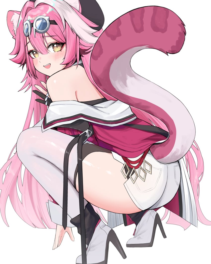 animal_ears arm_belt ass back bare_shoulders belt beret bilingual_commentary black_belt black_gloves black_hat blush coat commentary daemo72 english_commentary eyeshadow fangs female from_behind gloves goggles goggles_on_head hair_intakes hat high_heels highres hololive hololive_english jewelry long_hair looking_at_viewer makeup mixed-language_commentary multicolored_hair open_mouth panther_ears panther_girl panther_tail pink_coat pink_eyeshadow pink_hair raora_panthera raora_panthera_(1st_costume) ring shirt shoes simple_background single_glove smile solo squatting streaked_hair tail teeth thighhighs thighs twitter_username two-tone_hair upper_teeth_only virtual_youtuber white_background white_hair white_shirt white_shoes white_thighhighs yellow_eyes youtube