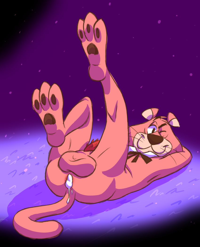 anal animal_genitalia animal_penis anthro anus ass balls barbed_penis big_balls cougar cum cum_inside erection feet feline feline_penis fur hi_res ladysomnambule looking_at_viewer male male_only mammal one_eye_closed paws penis pink_fur snagglepuss snagglepuss_(show) solo spikes toony wink