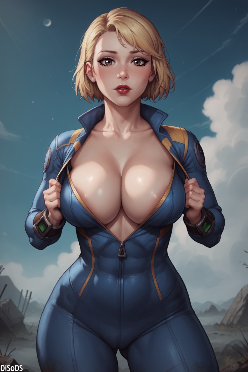 1girls ai_generated big_breasts big_nipples blonde_female blonde_hair blue_jumpsuit breasts cleavage disods fallout fallout_4 jumpsuit squeezing squeezing_breast suggestive suggestive_look suggestive_pose vault_dweller vault_girl vault_suit wasteland