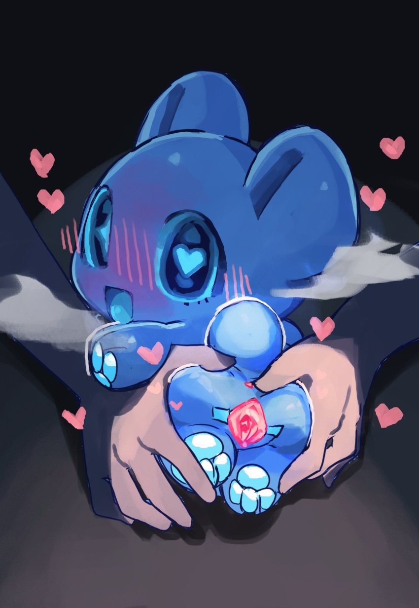 animate_inanimate anus assisted_spreading blue_body blue_eyes blue_fur blush blush_lines chibi disembodied_hand fog fur genitals heart_eyes heart_symbol held_up hi_res humanoid_hands kemono looking_at_viewer looking_back looking_pleasured mochikuma_(seuppi) noseless open_mouth pawpads pussy pussy_tape seuppi size_difference spread_pussy spreading tagme tape unknown_species