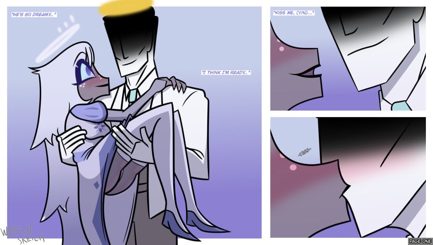1boy 1girls angel anon ass ass_focus blush blushing_female bridal_carry clothed clothing cradling dress emily_(hazbin_hotel) freckles grey_body halo hazbin_hotel holding kissing lips slippers smile suit thighhighs upskirt white_hair wretch_sketch y/n you