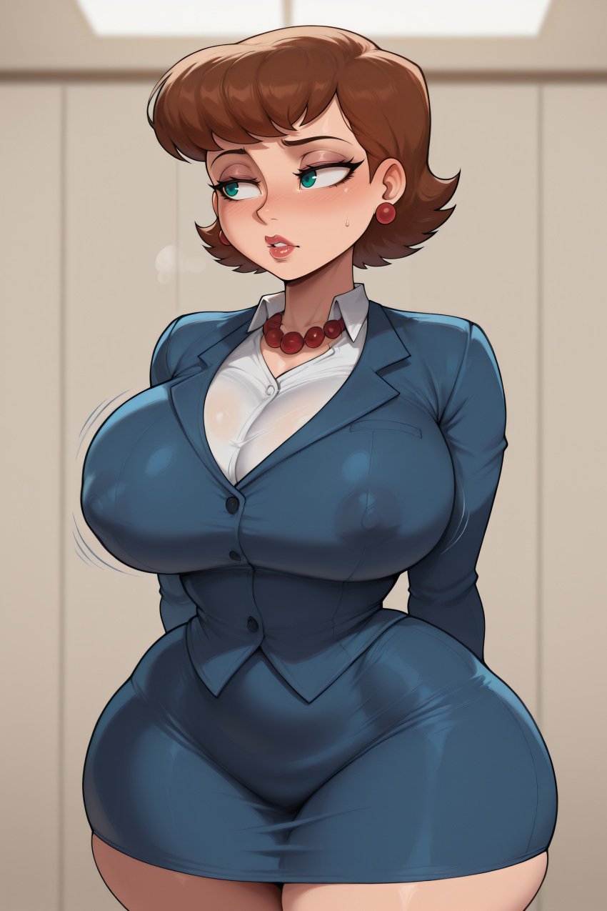 1girls ai_generated big_breasts brown_hair cartoon_network curvaceous curvy_female earrings female female_focus green_eyes hourglass_figure johnny_test_(series) large_breasts light-skinned_female light_skin lila_test milf miniskirt nipples_visible_through_clothing office_lady pawg pencil_skirt short_hair short_skirt smogai teletoon thick thick_thighs voluptuous voluptuous_female wide_hips