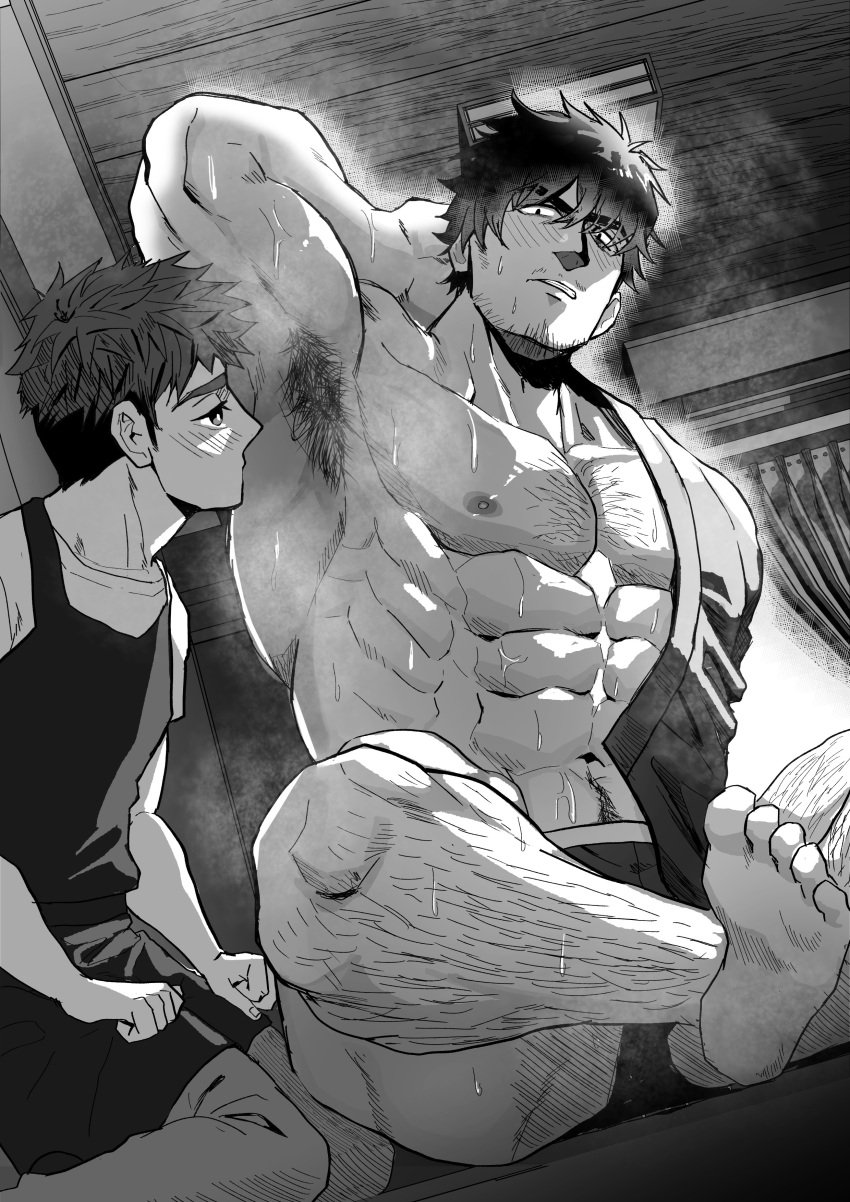 2boys abs age_difference apron armpit_fetish armpit_hair armpit_sniffing armpits arms_up bara barefoot beard_stubble beefy biceps big_areola black_and_white blush_lines boxers chest_hair crossed_legs daddy dark_hair dilf duo dutch_angle feet gay greyscale hairy happy_trail height_difference hi_res hunk izukonohito kneeling leg_hair looking_at_another male male/male male_only manly mature_male monochrome muscles muscular muscular_arms muscular_legs muscular_male muscular_thighs musk musk_clouds musky musky_armpit navel no_visible_genitalia open_mouth original original_character pecs sanpaku seiza short_hair sitting six_pack size_difference small_pupils soles steam steamy_armpits sweat sweatdrop sweating sweaty thick_arms thick_eyebrows thick_legs toes topless tough_guy triceps very_high_resolution wooden_wall yaoi