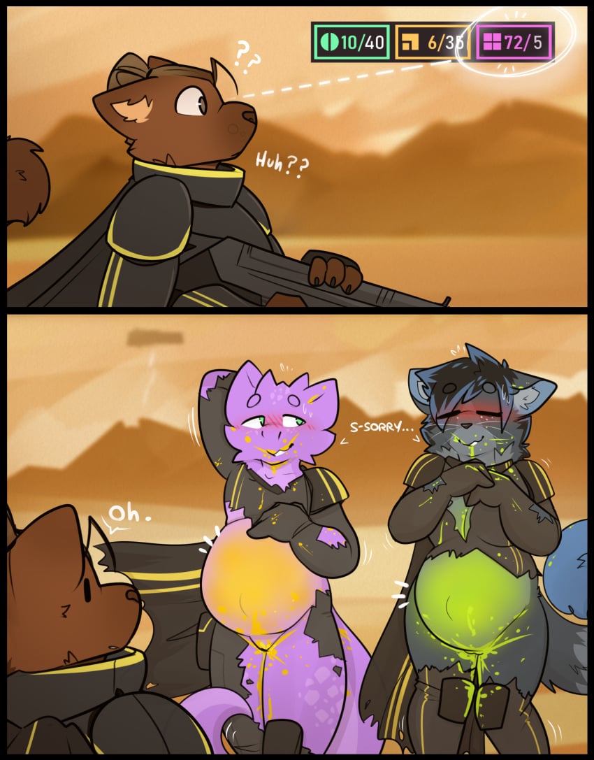 2025 anthro armor black_border blush border brown_body brown_eyes brown_fur brown_hair brown_tail closed_eyes clothed clothed_anthro clothed_female clothed_male clothing digital_media_(artwork) female fur genitals green_eyes grey_body grey_fur grey_hair grey_tail group gulonine hair helldivers hi_res kobold male mammal marten mustelid musteline nicopossum purple_body purple_tail pussy scalie smile standing tail teeth trio