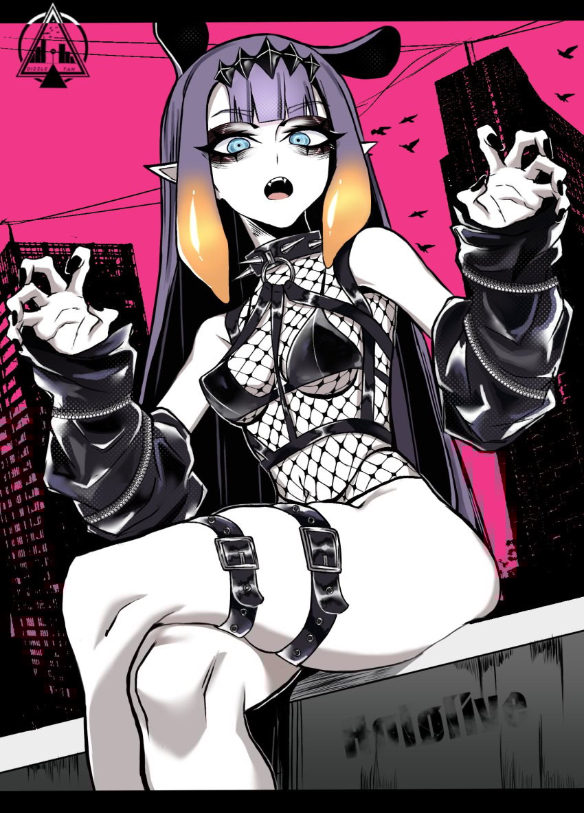 1girls background bird black_nails bra breasts dizzle_tan female fishnet_clothing goth hololive hololive_english looking_at_viewer ninomae_ina'nis sleeves spiked_collar tagme thick_thighs thigh_belt