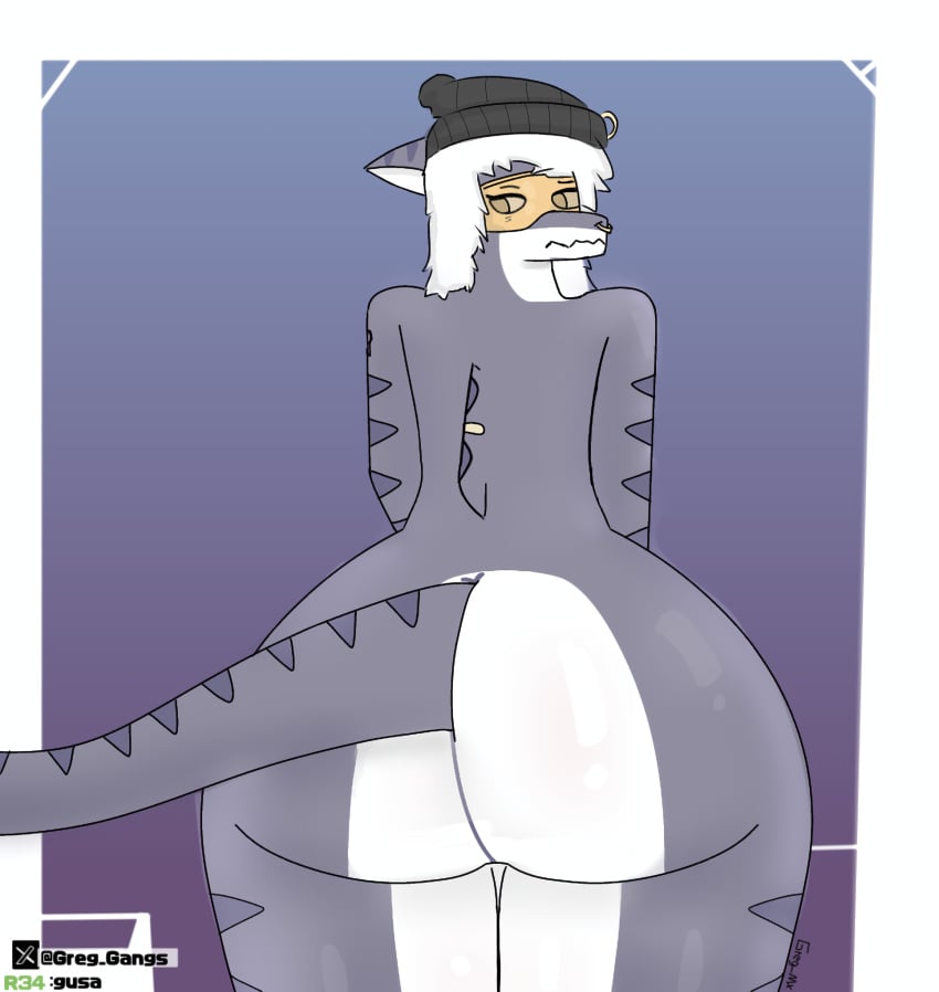 anthro beanie furry furry_female googles gradient_background gusa hourglass_figure hourglass_figured_female hourglass_figured_futa nervous nude nude_female oc original original_character piercing plump_ass round_ass shaded shark_girl shark_humanoid shark_tail showing_ass snout thick_thighs tiger_shark tiger_stripes watermark white_hair