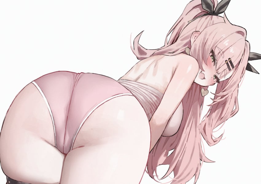 ass bent_over blush breasts commentary earrings female from_behind hair_ornament hairclip heart heart_earrings highres jewelry large_breasts long_hair looking_at_viewer looking_back mochirong mole mole_on_ass nicole_demara panties pink_hair pink_panties simple_background smile solo symbol-only_commentary thighs underwear white_background zenless_zone_zero