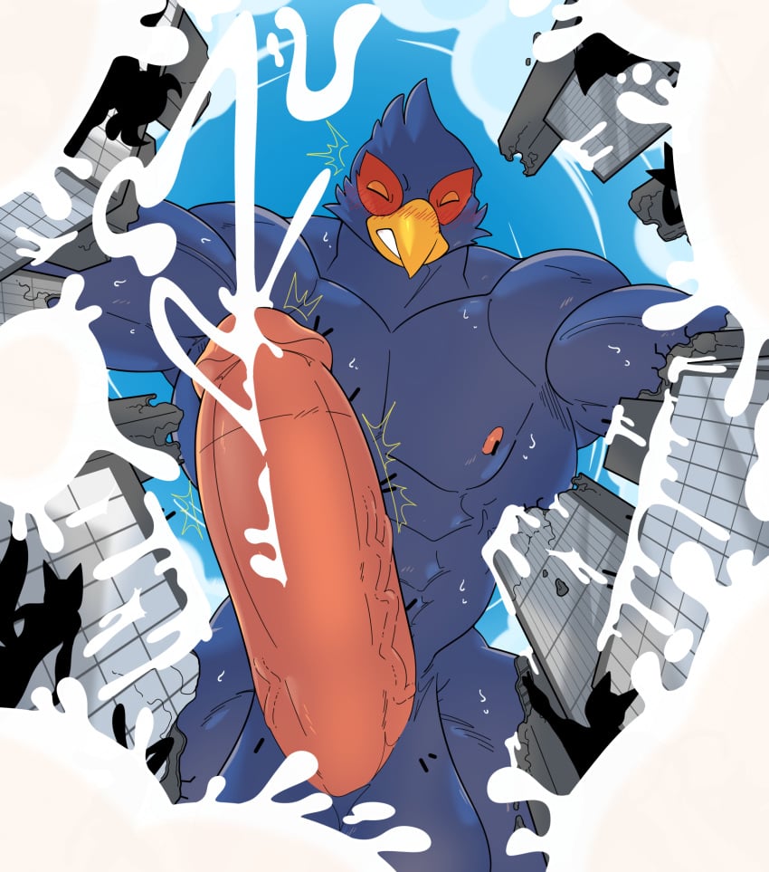 anthro avian balls big_balls big_penis bird blue_body blue_feathers bodily_fluids bulge city closed_eyes clothing cloud cum destruction excessive_cum excessive_genital_fluids falco_lombardi feathers fish_eye_view flooding genital_fluids genitals green_eyes happyending hi_res humanoid_genitalia humanoid_penis looming low-angle_view macro male muscular muscular_male nintendo nipples non-mammal_balls non-mammal_nipples orgasm penis silhouette speedo star_fox swimwear