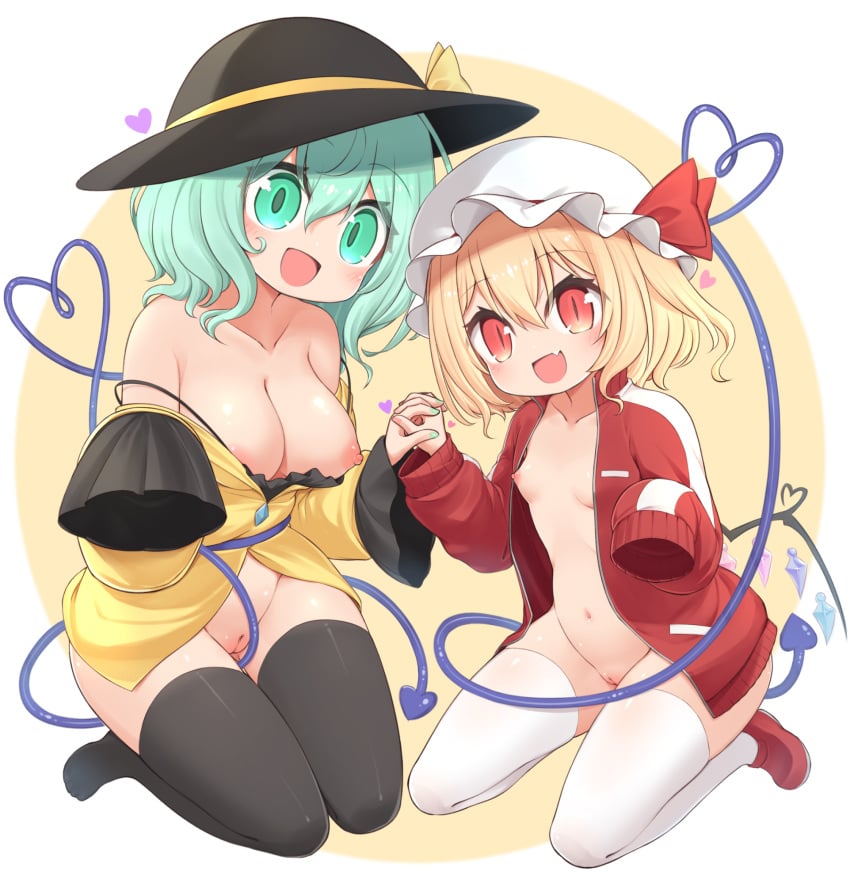 2girls black_hat black_thighhighs blonde_hair breasts crystal_wings female flandre_scarlet grabbing_another's_hand green_eyes green_hair harunoha hat highres jacket jersey koishi_komeiji komeiji_koishi large_breasts long_sleeves medium_hair multiple_girls navel nipples open_mouth pussy red_eyes shirt sitting sleeves_past_wrists small_breasts smile tail thighhighs touhou track_jacket track_suit wariza white_hat white_thighhighs wings yellow_shirt