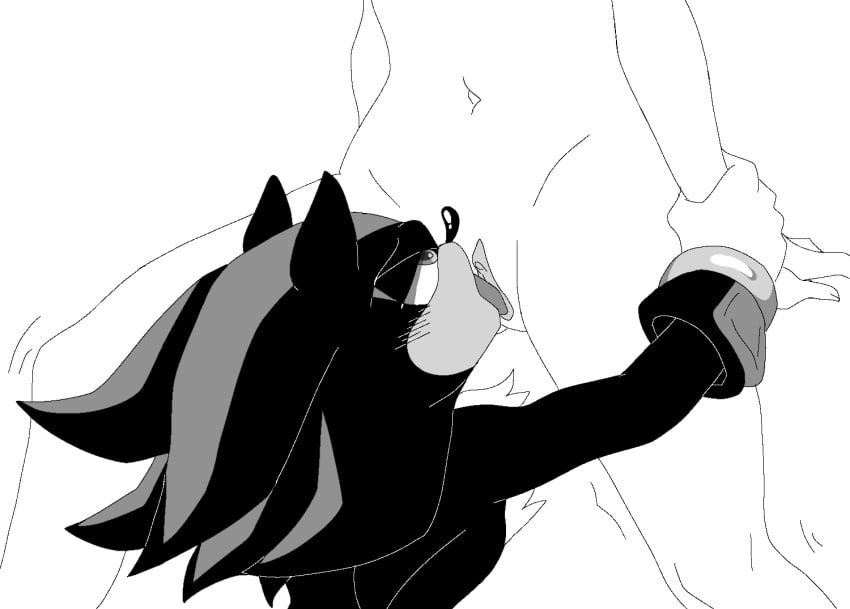 1boy 1girls anon anonymous_female anthro_on_human belly_button blush clitoris cuffs_(clothing) cunnilingus dreamjasmine furry_male furry_with_non-furry glove grayscale hedgehog licking_pussy mobian_(species) monochrome plain_background pussy shadow_the_hedgehog sketch sonic_(series) sonic_the_hedgehog_(series) tongue