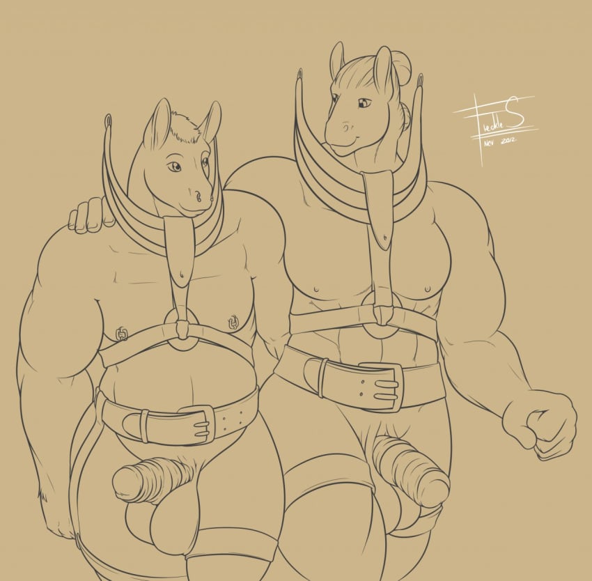 2017 5_fingers abs anatomically_correct anatomically_correct_penis animal_genitalia animal_penis anthro balls belt biceps biped brown_background clydesdale digital_media_(artwork) draft_horse duo equine equine_penis facial_piercing freckles_(artist) hair half-erect hand_on_shoulder harness hi_res horse horsecock humanoid_hands legband line_art male male_only mammal monochrome mostly_nude muscular muscular_male nipple_piercing nipples nose_piercing nose_ring pecs penis piercing rannik sepia septum_piercing short_hair signature simple_background smile snout walking