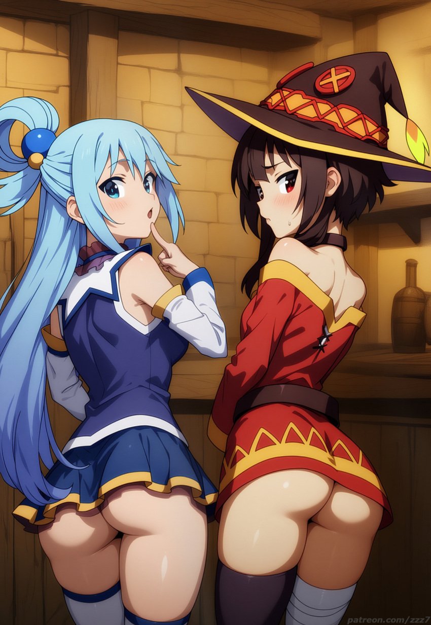 2girls :o ahoge ai_generated aqua_(konosuba) ass ass ass_focus blush from_behind indoors kono_subarashii_sekai_ni_shukufuku_wo! konosuba legwear looking_at_viewer looking_back megumin megumin_(konosuba) no_panties side-by-side side_by_side standing suggestive tavern thighhighs watermark zzz7