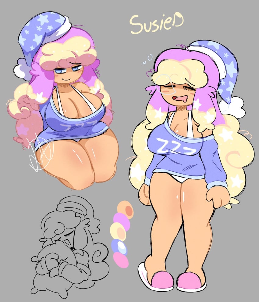 blue_eyes hips limeyace_(artist) oc original original_character pink_hair sleepy thick thick_thighs thighs tired_(drowsy) wide_hips
