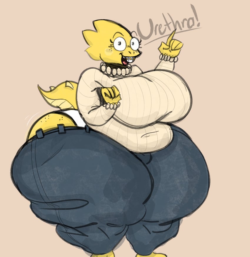 2024 alphys anthro ass belly big_belly big_breasts big_butt big_teeth black_eyebrows black_eyes black_mouth blue_bottomwear blue_clothing blue_jeans blue_pants bottomwear braces breasts clothing colored colored_sketch denim denim_bottomwear denim_clothing dialogue digital_media_(artwork) dinosaur english_text eyebrows eyelashes eyewear female freckled_butt freckled_face freckles glasses hi_res huge_breasts huge_butt huge_thighs hyenalattes hyper hyper_butt hyper_thighs jeans lizard looking_at_viewer navel_outline nerd open_mouth open_smile overweight overweight_anthro overweight_female panties pants prehistoric_species red_tongue reptile scalie simple_background sketch smile smiling_at_viewer solo tail tan_background tan_clothing tan_sweater tan_topwear text thick_thighs tight_clothing tongue topwear undertale undertale_(series) underwear white_clothing white_panties white_underwear yellow_body yellow_tail