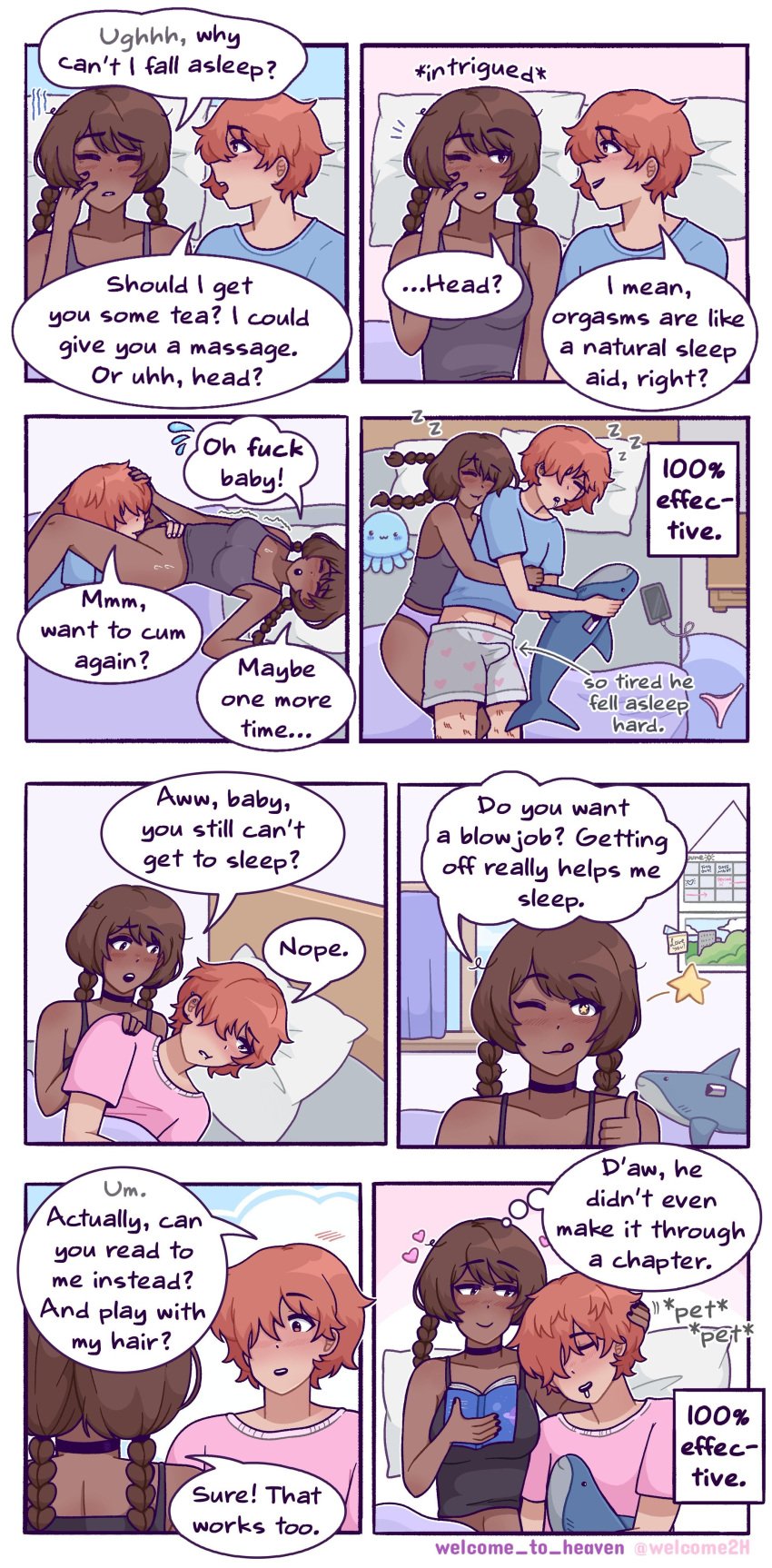 1boy 1boy1girl 1girls arms_wrapped_around_partner bed bedroom blahaj blush bottomless choker cunnilingus dark-skinned_female demisexual_pride_colors drooling eating_pussy erection erection_under_clothes female giving_head hand_on_head hard_on hearts_around_head interracial light-skinned_male lying_on_bed male oral oral_sex orgasm petting_head pillows plushie romantic_couple sleeping spoon_position spooning stuffed_animal sweat sweating trembling twintails welcome_to_heaven wholesome winking zzz