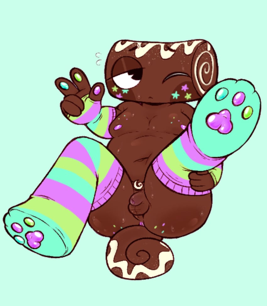 chubby chubby_male cosmo_(dandy's_world) dandy's_world femboy freckles freckles_on_ass paw_socks pawpads presenting_anus small_penis solo_male striped_socks sweat sweating