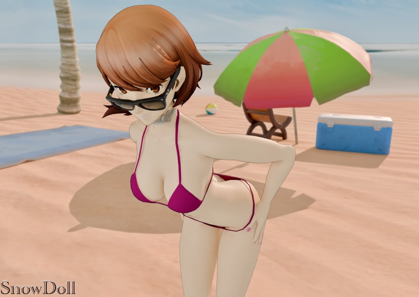 3d ass beach bikini breasts brown_hair choker female persona persona_3 sexy sexy_pose snowdoll yukari_takeba