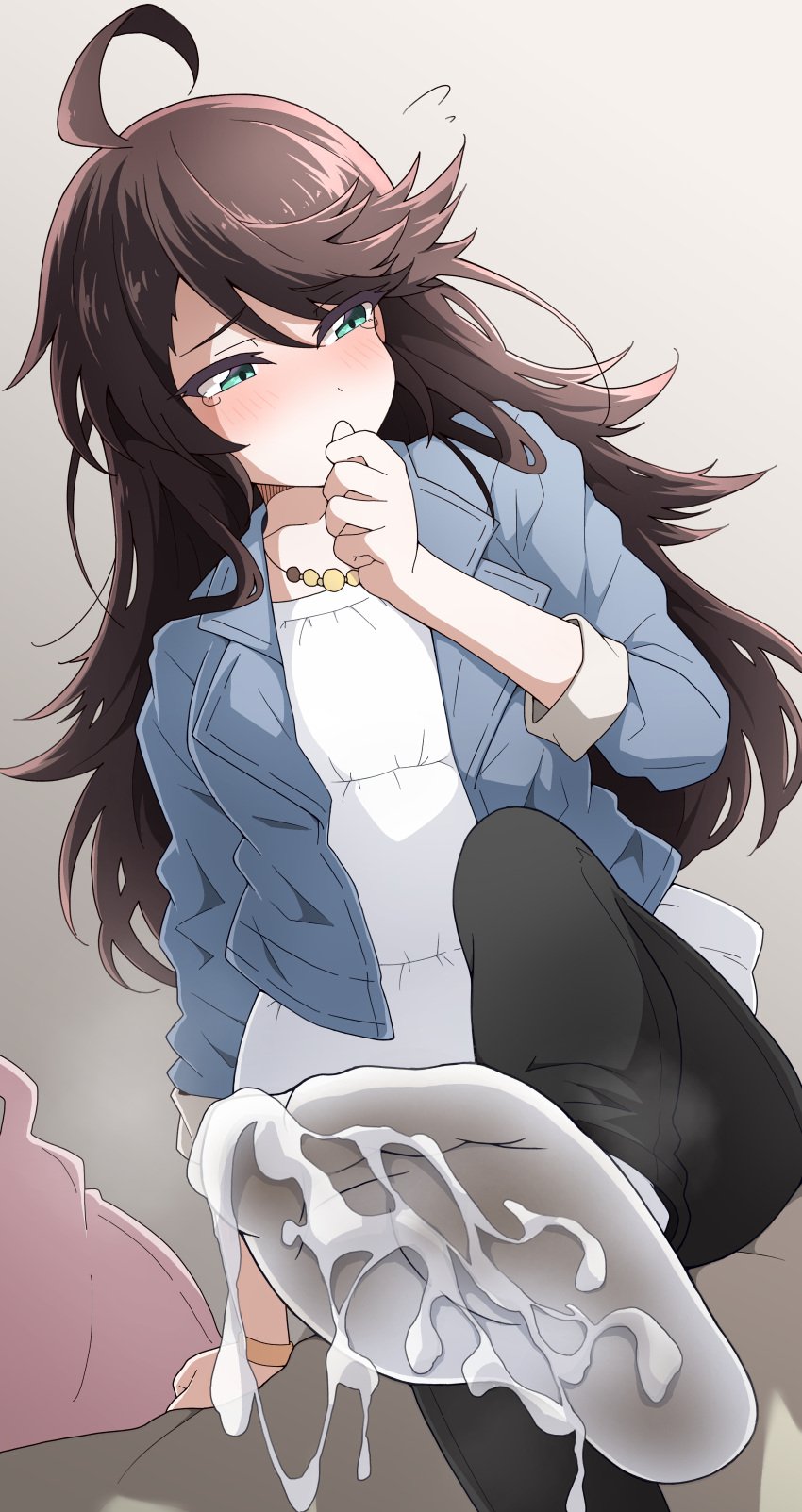 absurdres ahoge black_pants blue_jacket blush brown_hair cum cum_on_body cum_on_feet denim denim_jacket female from_below green_eyes highres jacket jewelry leg_up long_hair looking_to_the_side necklace nel-c original paid_reward_available pants shirt socks solo variant_set white_shirt white_socks