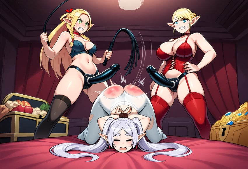 3girls ai_generated arms_behind_back arms_tied arms_tied_behind_back birdawg16 blonde_hair bondage dungeon_meshi elfuda female fff_threesome food frieren frieren_beyond_journey's_end imminent_sex lezdom lezsub lingerie marcille_donato plus-sized_elf red_ass spanked_ass stockings strap-on strapon treasure treasure_chest whip whip_marks whipping whipping_butt white_hair yuri