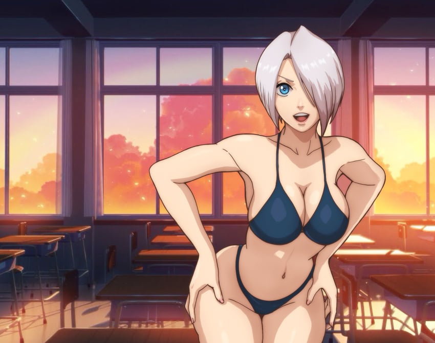 1girls absurd_res absurdres angel_(kof) arched_back bare_arms bare_shoulders bare_thighs belly belly_button bent_over big_breasts blue_bra blue_eyes blue_panties blue_underwear bob_cut bra busty classroom cleavage curvaceous curves curvy curvy_body curvy_female curvy_figure curvy_hips darji female female_focus female_only front_view hair_over_one_eye hi_res high_resolution highres hips indoors king_of_fighters king_of_fighters_xiv king_of_fighters_xv kof large_breasts light-skinned_female light_skin lips lipstick looking_at_viewer makeup medium_hair open_mouth pale-skinned_female pale_skin panties pink_lips pink_lipstick school school_desk shoulder_length_hair sideboob smile smiling smiling_at_viewer snk solo solo_female solo_focus standing sunset the_king_of_fighters thick_thighs thighs thunder_thighs underwear very_high_resolution voluptuous voluptuous_female white_hair wide_hips window