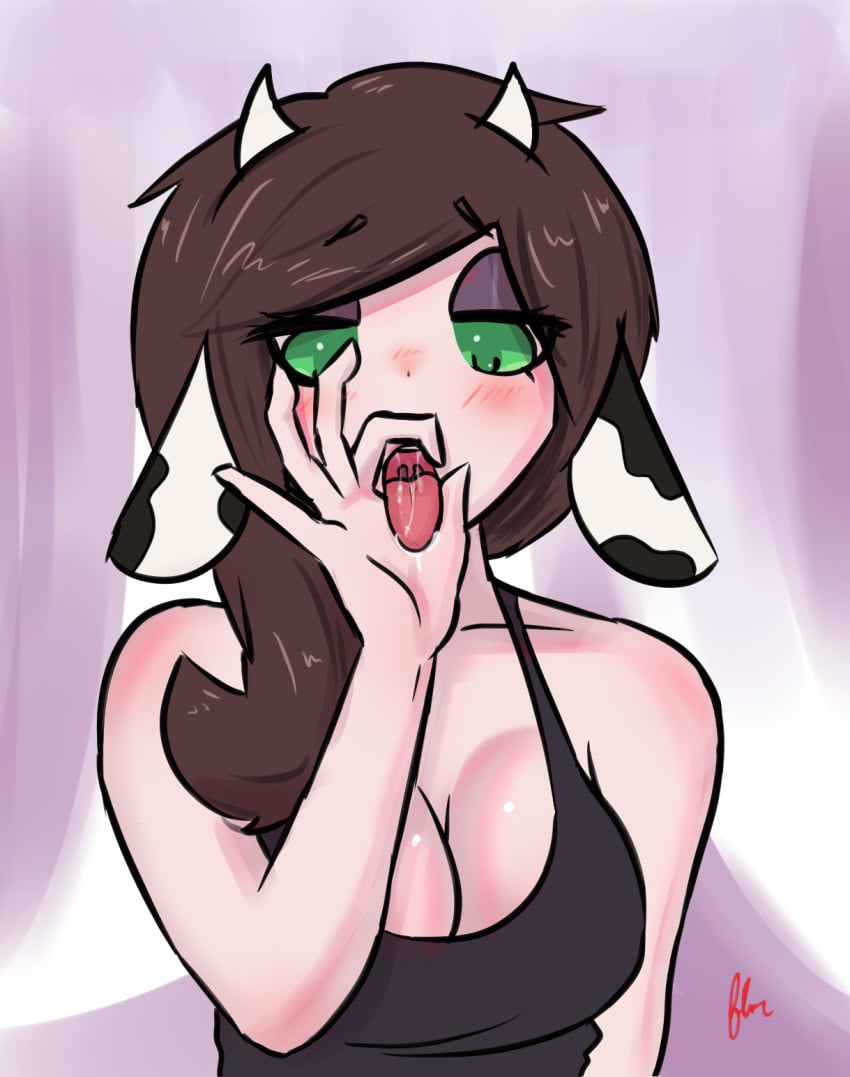 animal_humanoid bedroom_eyes big_breasts blush bodily_fluids bovid bovid_humanoid bovine bovine_humanoid breasts brown_hair cattle cattle_humanoid cleavage clothed clothing cow_ears eyeshadow female fingers fluorite gesture green_eyes hair hand_gesture hi_res horn humanoid makeup mammal mammal_humanoid narrowed_eyes open_mouth saliva saliva_on_tongue saliva_string seductive shirt solo tank_top teeth tongue tongue_out topwear