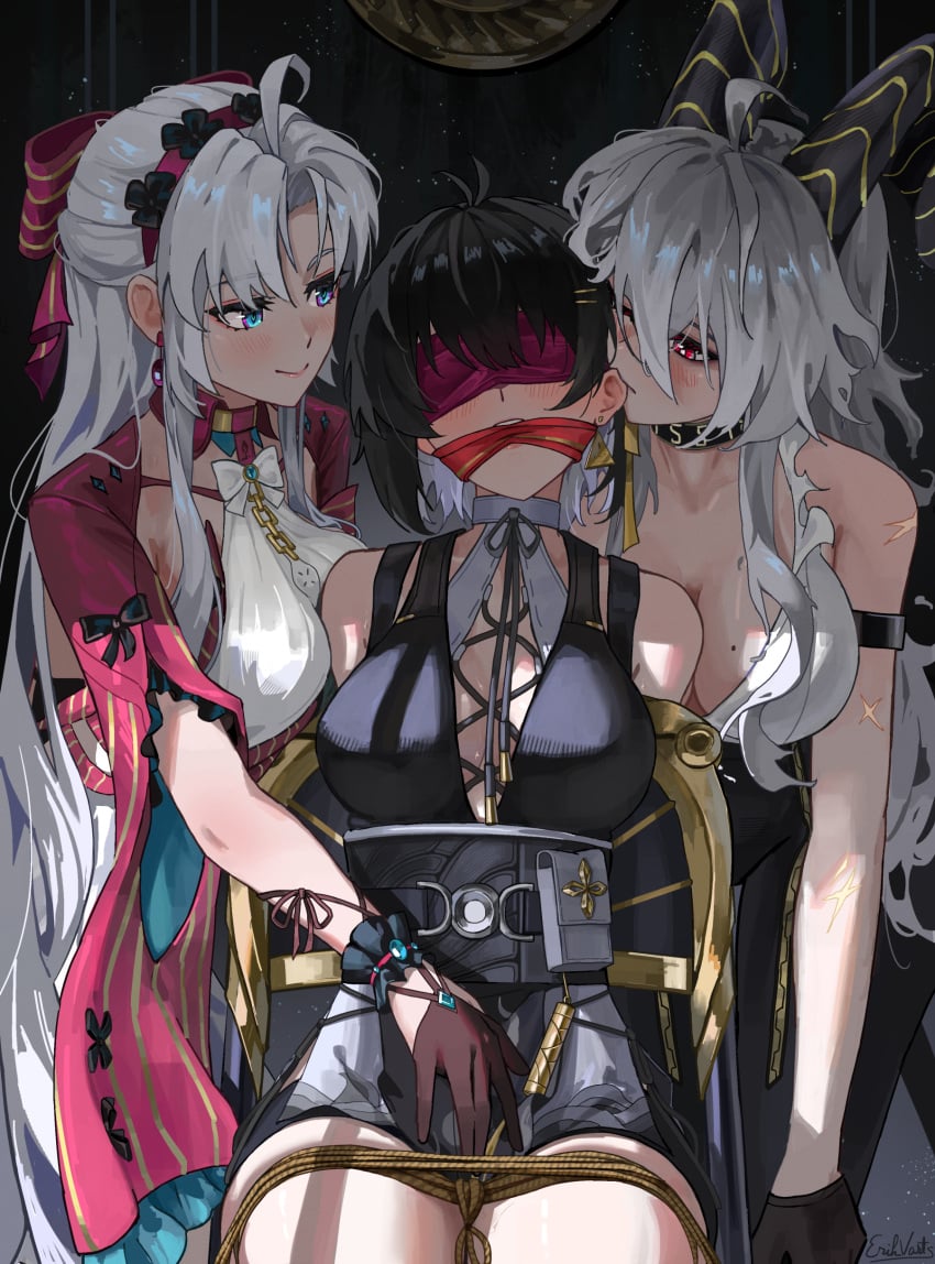 3girls arm_strap bare_shoulders biting biting_ear black_choker black_clothing black_dress black_gloves black_hair black_horns black_pants blindfold blindfolded blindfolded_female blush bondage bondage bound bow breasts carlotta_(wuthering_waves) choker collarbone colored_inner_hair cross-laced_clothes cross-laced_dress curled_horns dress earrings erikvarts female_rover_(wuthering_waves) gagged gagged_female gloves hairband hairbow horns jacket jewelry large_breasts long_hair looking_at_another mole mole_on_breast multicolored_hair multiple_girls pants parted_bangs pink_bow pink_hairband pink_jacket red_eyes ribbon_gag rope rope_bondage rover_(wuthering_waves) shirt sleeveless sleeveless_dress smile striped_bow tied_up torn_clothes torn_shirt white_dress white_hair white_shirt wuthering_waves yuri zani_(wuthering_waves)