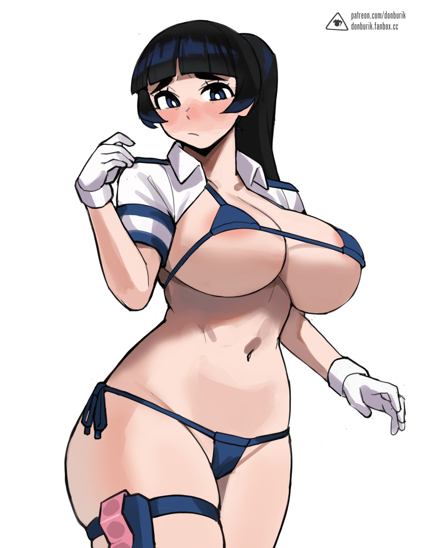 1girls ass belly_button big_breasts bikini black_hair blue_eyes blush breasts choujun!_choujou-senpai donburikazoku embarrassed female gloves hi_res hips huge_breasts light-skinned_female light_skin long_hair midriff nao_ippongi ponytail super_psychic_policeman_chojo thick_thighs thighs wide_hips