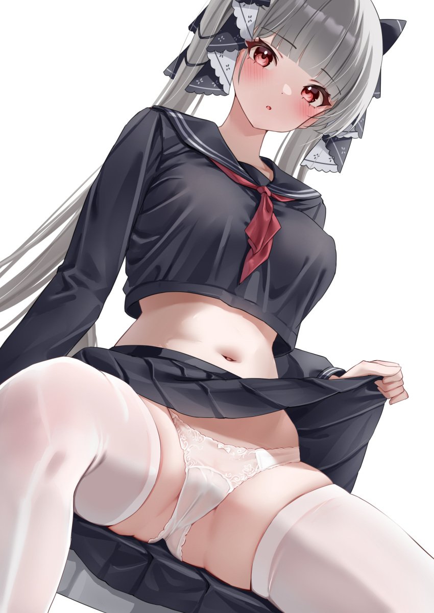 1girls absurdres azur_lane black_sailor_collar black_serafuku black_shirt blush breasts cameltoe classic_(zildjian33) clothes_lift cropped_shirt female formidable_(azur_lane) formidable_(the_lover's_heart_flutters_on_duty)_(azur_lane) gluteal_fold grey_hair groin hair_ornament highres large_breasts lifted_by_self light-skinned_female light_skin long_hair long_sleeves looking_at_viewer midriff navel neckerchief official_alternate_costume open_mouth paid_reward_available panties pleated_skirt red_eyes red_neckerchief royal_navy_(azur_lane) sailor_collar school_uniform serafuku shirt simple_background sitting skindentation skirt skirt_hold skirt_lift solo spread_legs stomach thighhighs thighs twintails underwear white_background white_panties white_thighhighs